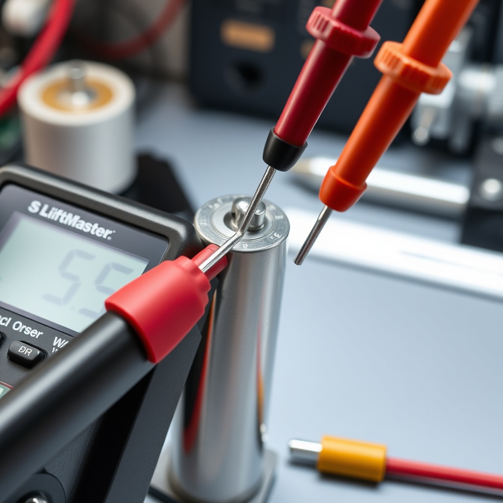 <clean photorealistic photo of a digital multimeter probes touching the terminals of a cyl