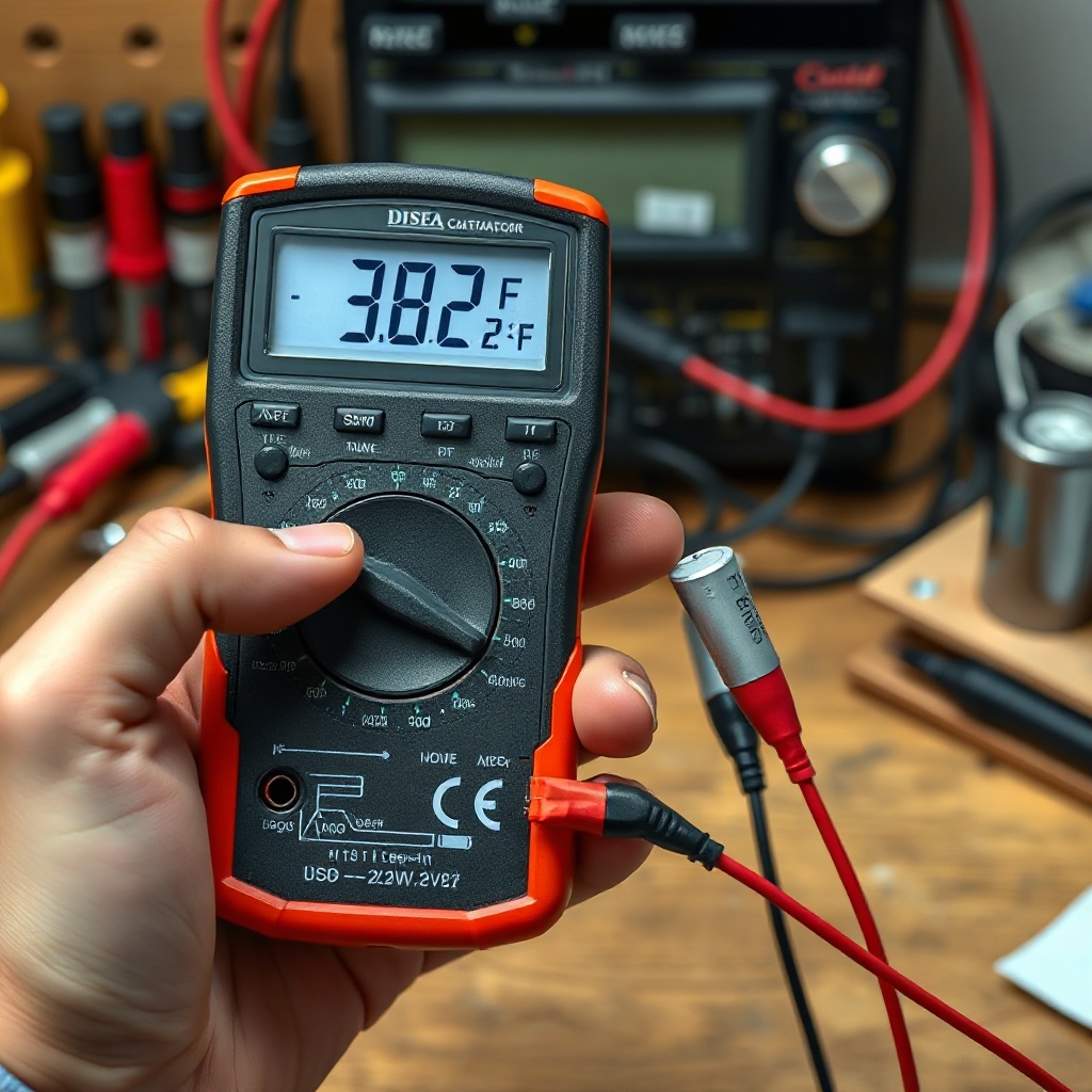 <clean photorealistic photo of a person holding a multimeter showing a capacitance reading