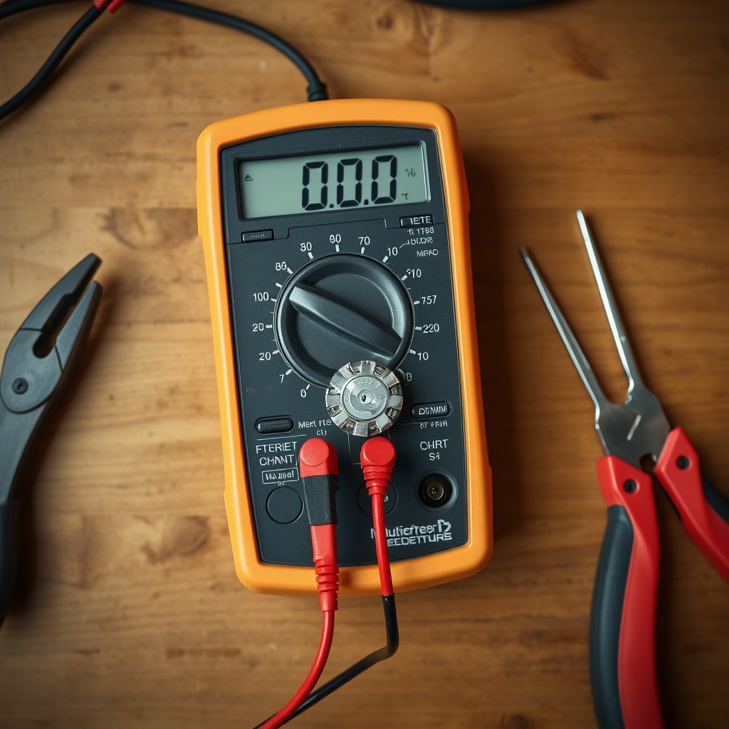 Photorealistic overhead view of a digital multimeter displaying "0