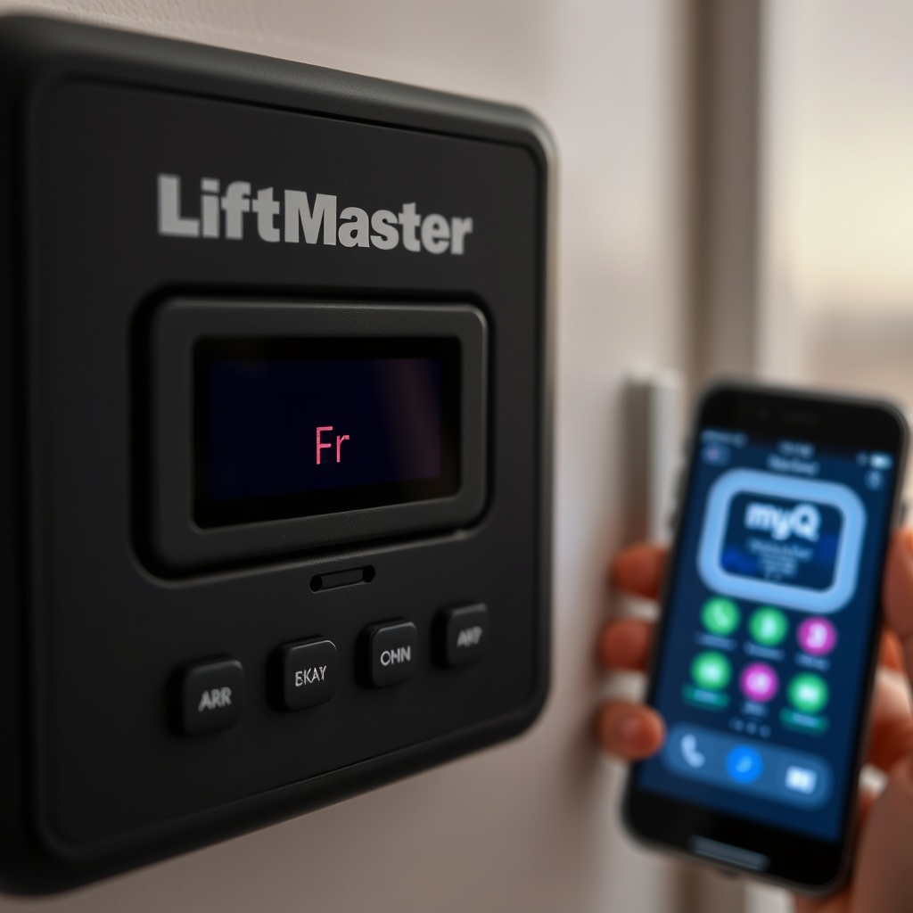 A photorealistic close-up of a LiftMaster 8500 control panel displaying an "Err" code on i