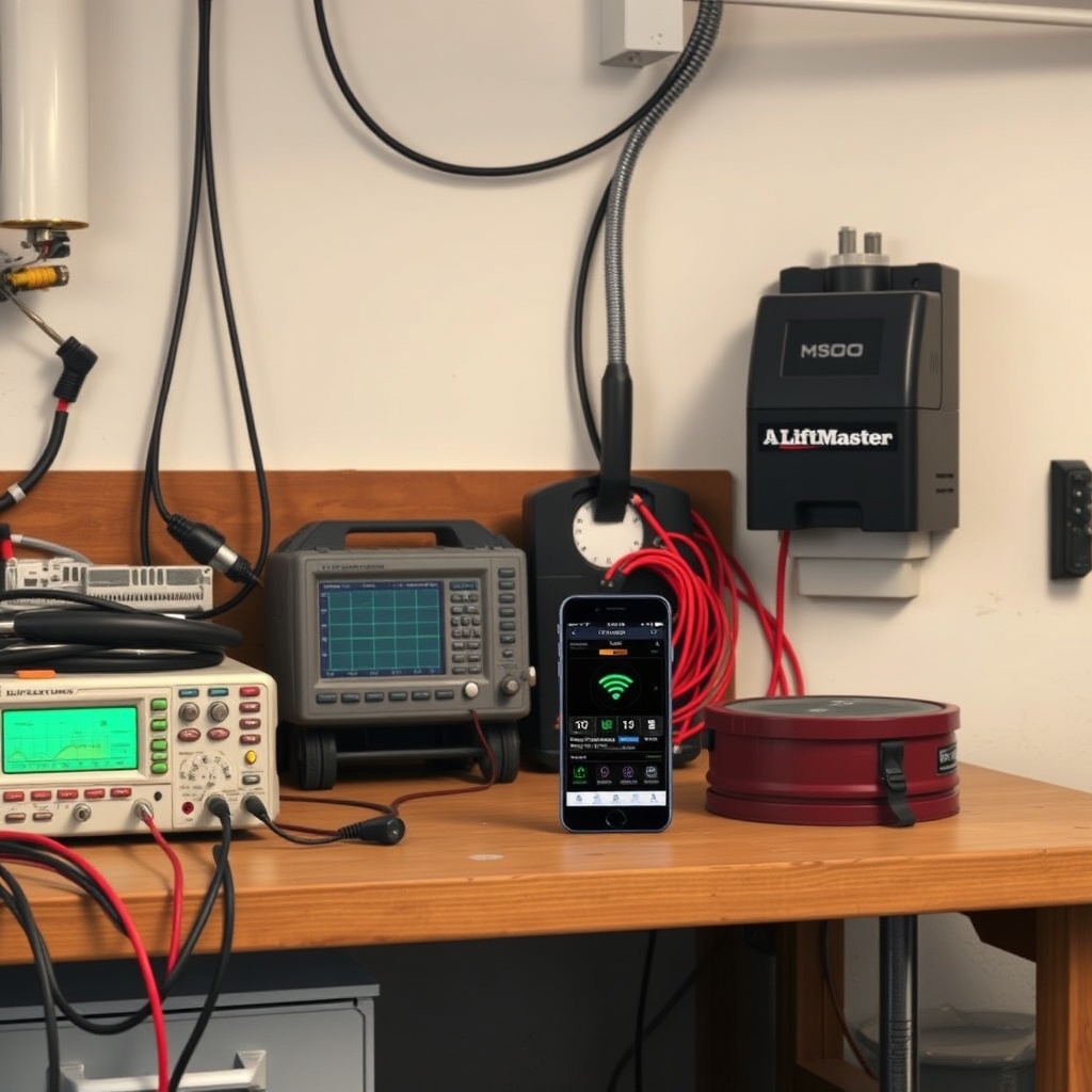 A photorealistic photo of a messy garage workbench with an oscilloscope