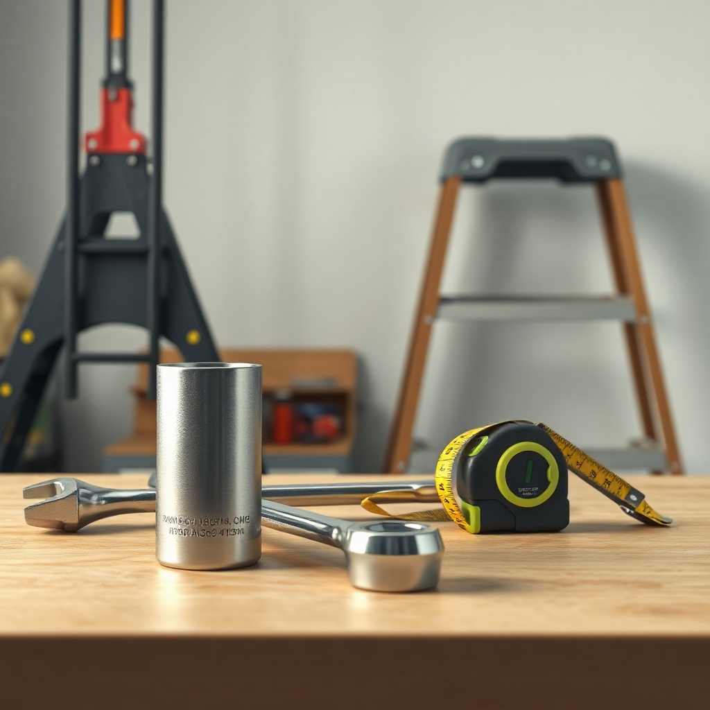 A clean photorealistic photo showing a workbench with a socket wrench