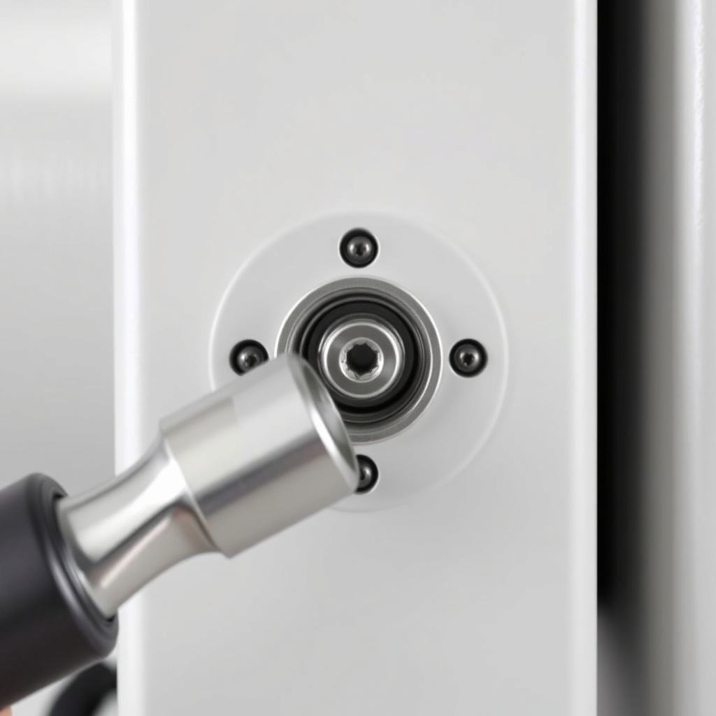 A clean photorealistic photo of the adjustment bolt and locknut area on a LiftMaster 8550W