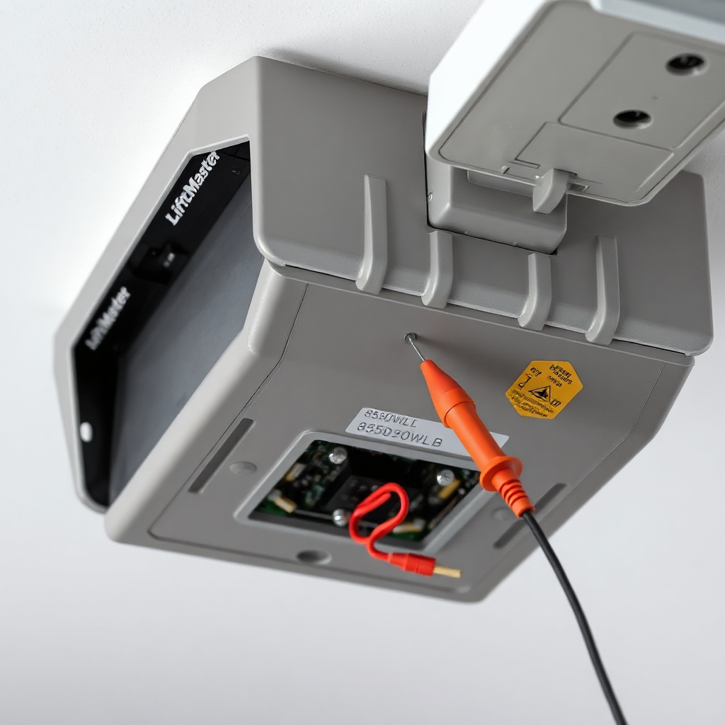 A clean photorealistic photo of a LiftMaster 8550WLB garage door opener unit mounted on a