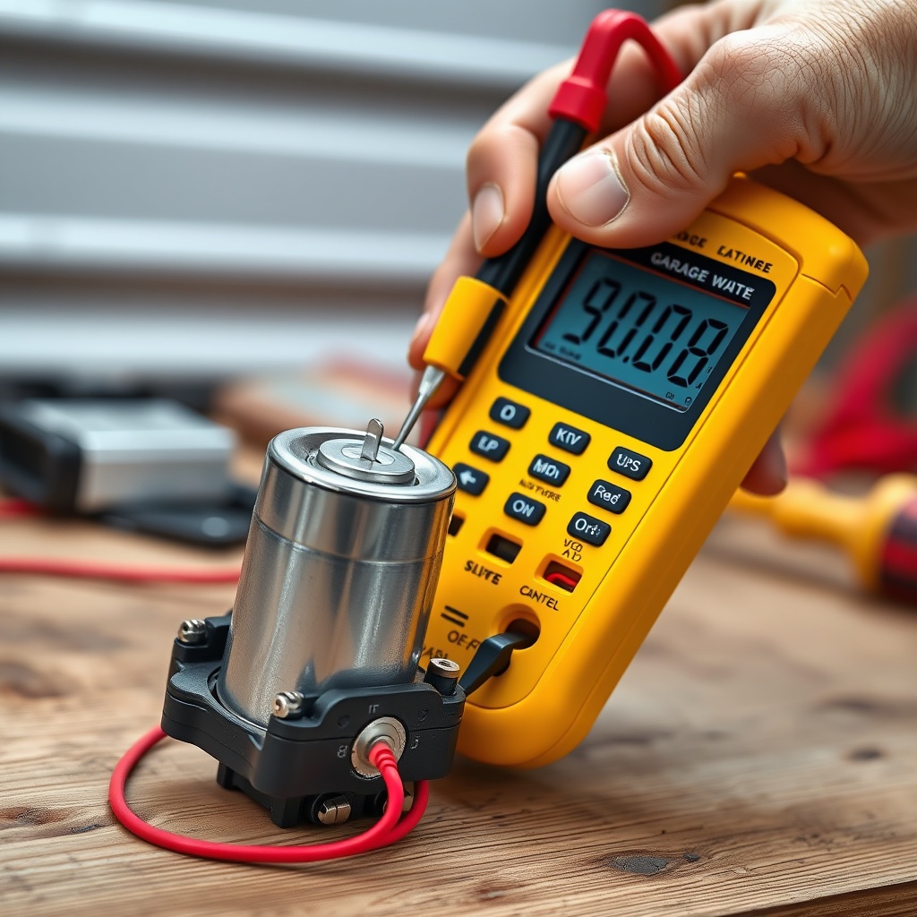 A clean photorealistic shot of a technician's hand holding a yellow digital multimeter wit