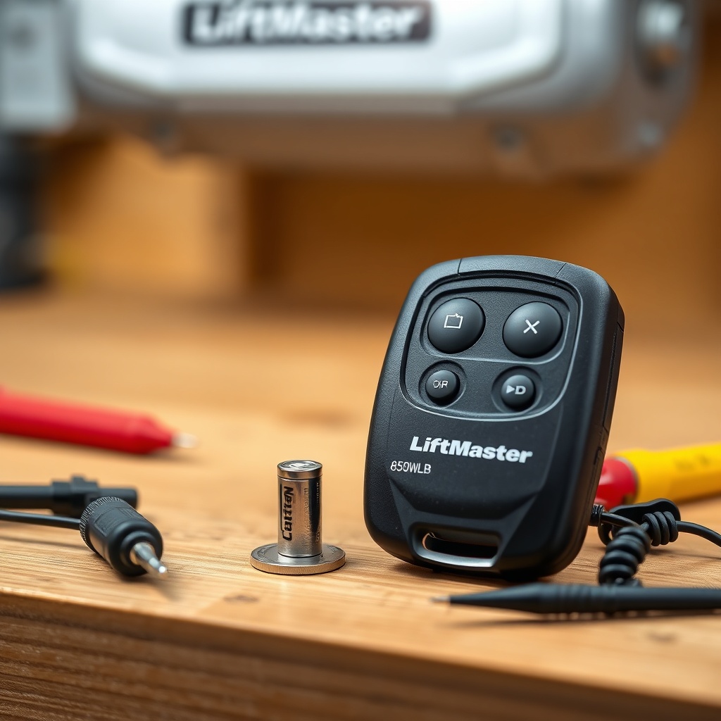 A photorealistic close-up of a LiftMaster 8550WLB remote control on a wooden workbench