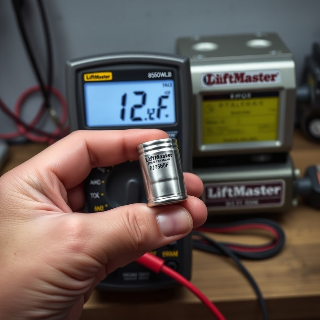 A photorealistic photo of a hand holding a small cylindrical motor capacitor against a mul